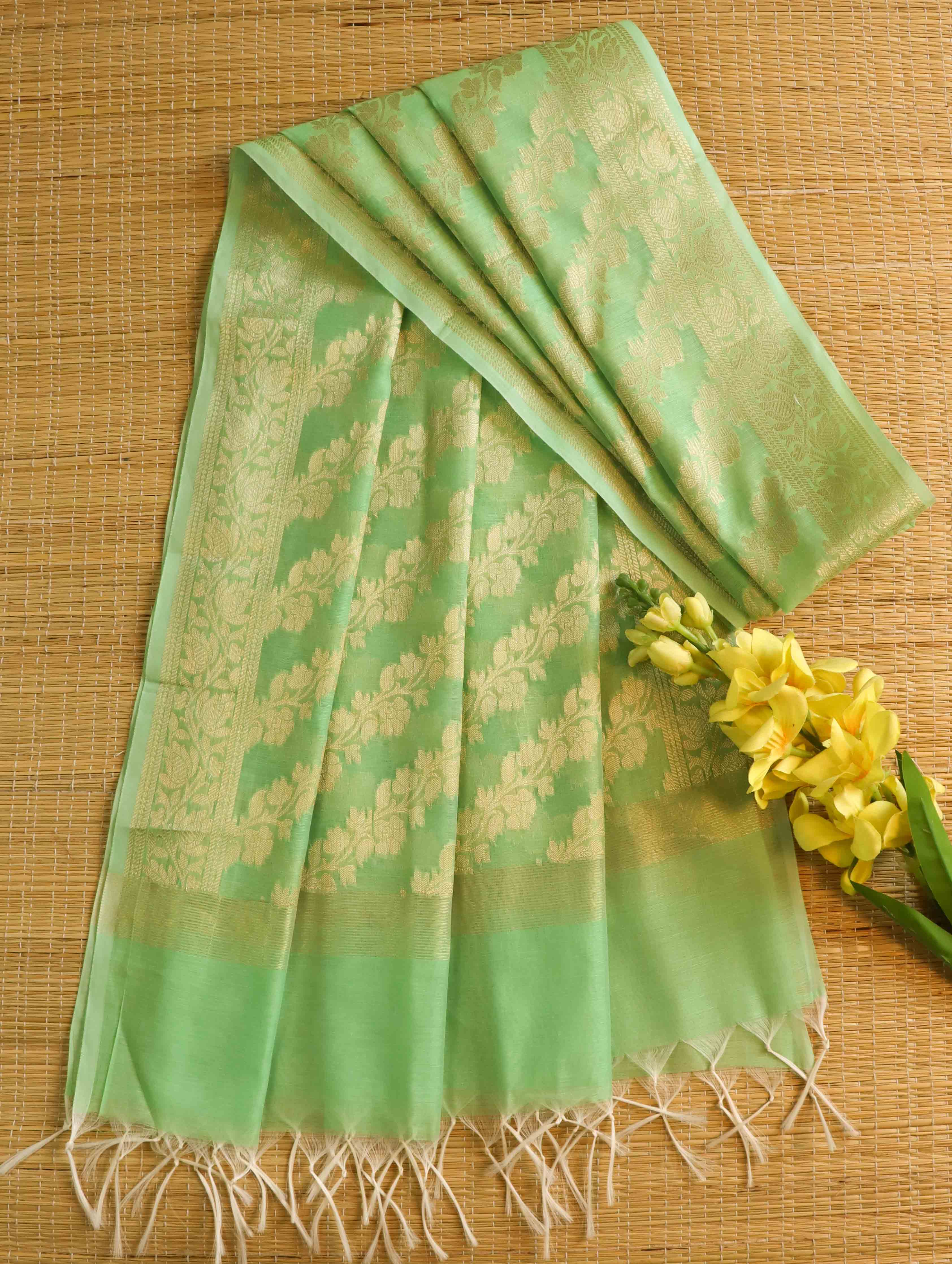 Banarasee Cotton Silk Gold Zari Dupatta-Light Green