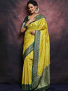 Banarasee Handwoven Semi-Silk Upadda Saree With Zari Floral Work-Yellow & Green
