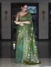 Banarasee Handloom Semi Silk Saree With Leaf Pattern & Floral Zari Border-Green