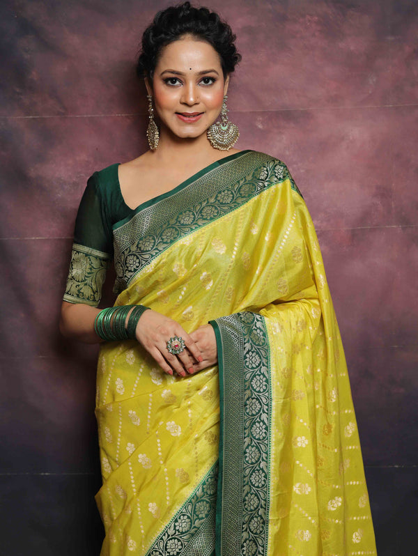 Banarasee Handwoven Semi-Silk Upadda Saree With Zari Floral Work-Yellow & Green