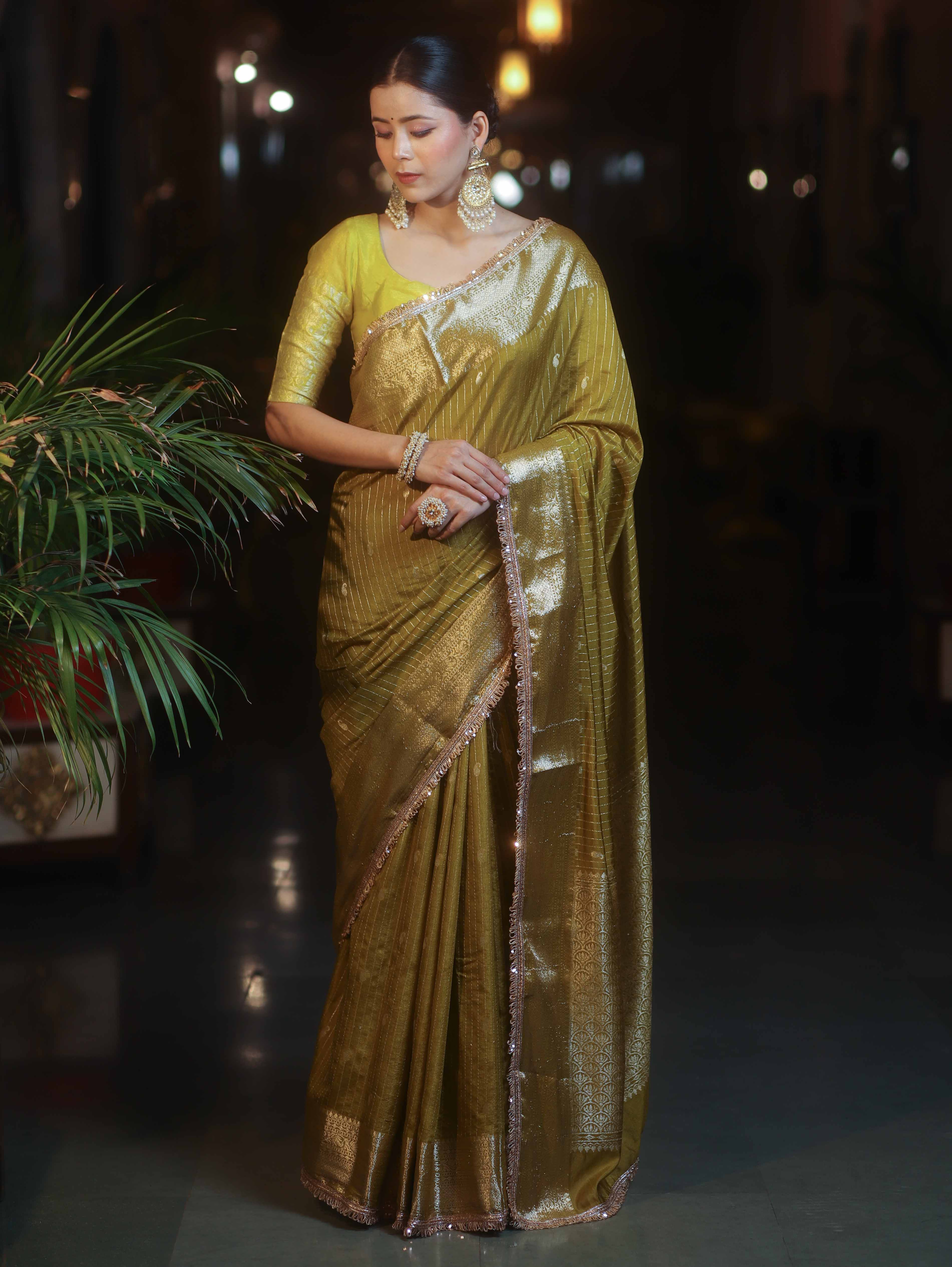 Banarasee Handwoven Semi Muga Zari Saree With Border & Lace-Olive Green