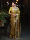 Banarasee Handwoven Semi Muga Zari Saree With Border & Lace-Olive Green