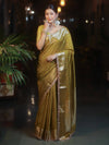 Banarasee Handwoven Semi Muga Zari Saree With Border & Lace-Olive Green