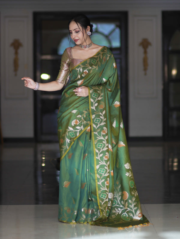 Banarasee Handloom Semi Silk Saree With Leaf Pattern & Floral Zari Border-Green