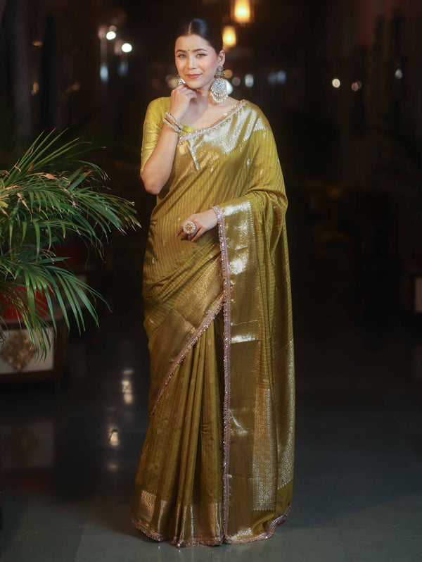 Banarasee Handwoven Semi Muga Zari Saree With Border & Lace-Olive Green