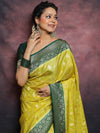 Banarasee Handwoven Semi-Silk Upadda Saree With Zari Floral Work-Yellow & Green