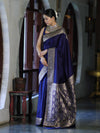 Banarasee Handwoven Plain Semi Katan Saree With Gold Zari Border-Blue