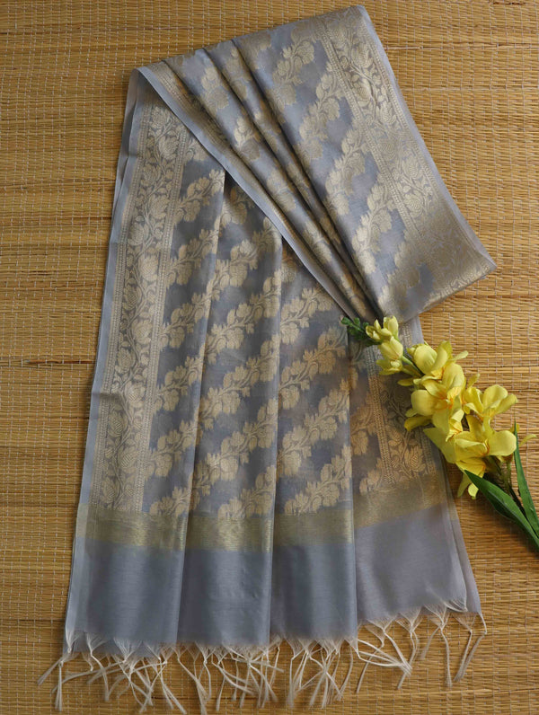 Banarasee Cotton Silk Gold Zari Dupatta-Grey