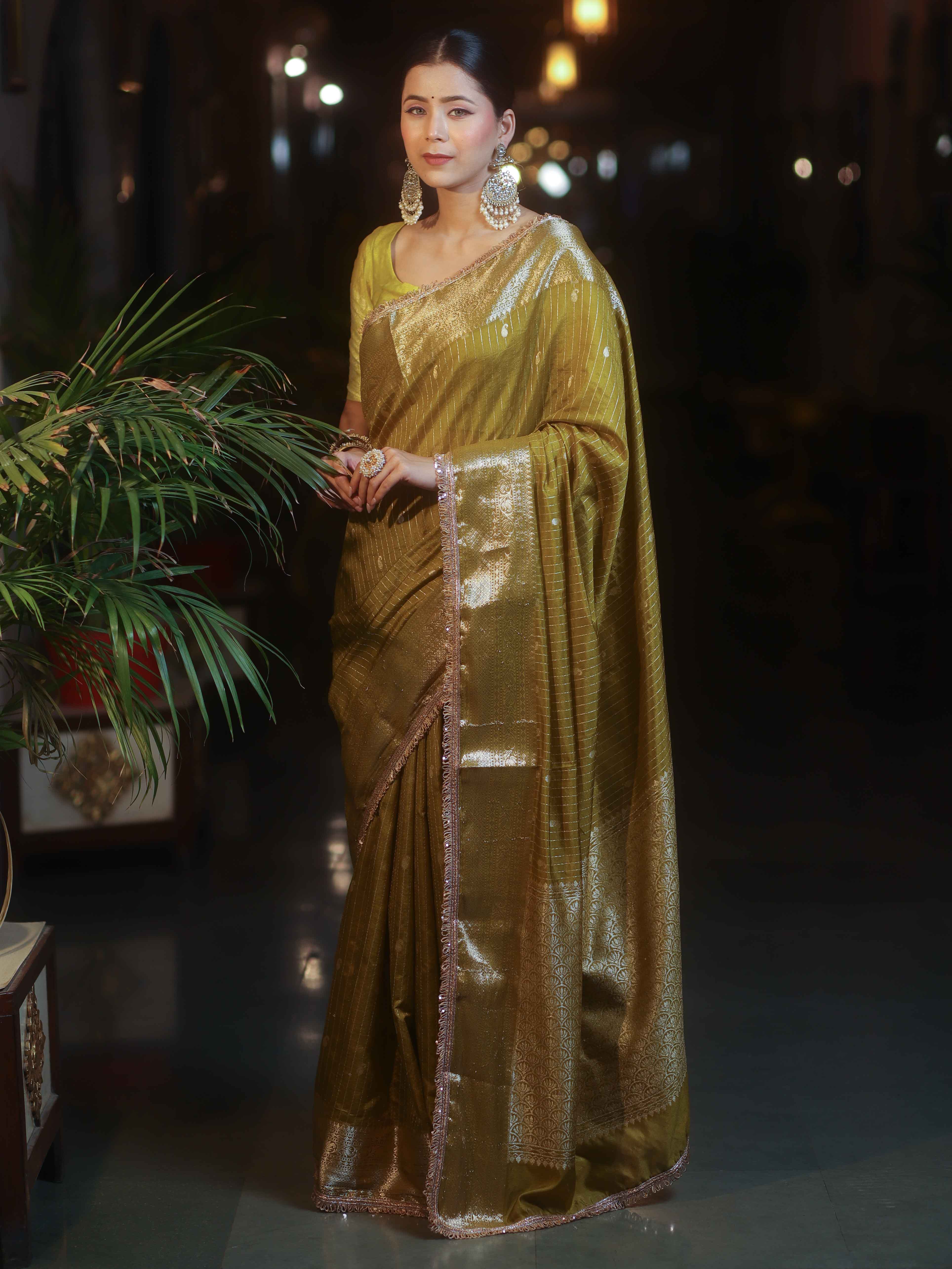 Banarasee Handwoven Semi Muga Zari Saree With Border & Lace-Olive Green