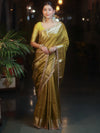 Banarasee Handwoven Semi Muga Zari Saree With Border & Lace-Olive Green