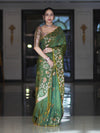 Banarasee Handloom Semi Silk Saree With Leaf Pattern & Floral Zari Border-Green
