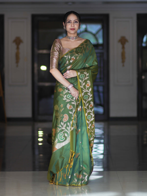 Banarasee Handloom Semi Silk Saree With Leaf Pattern & Floral Zari Border-Green