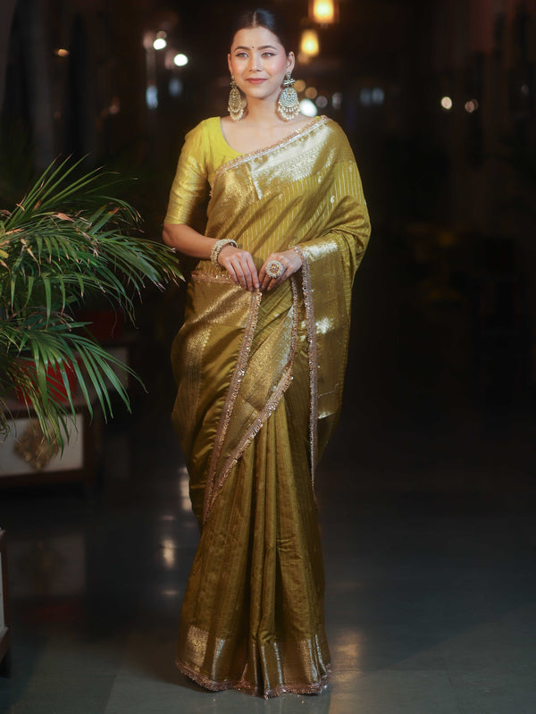 Banarasee Handwoven Semi Muga Zari Saree With Border & Lace-Olive Green