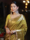 Banarasee Handwoven Semi Muga Zari Saree With Border & Lace-Olive Green