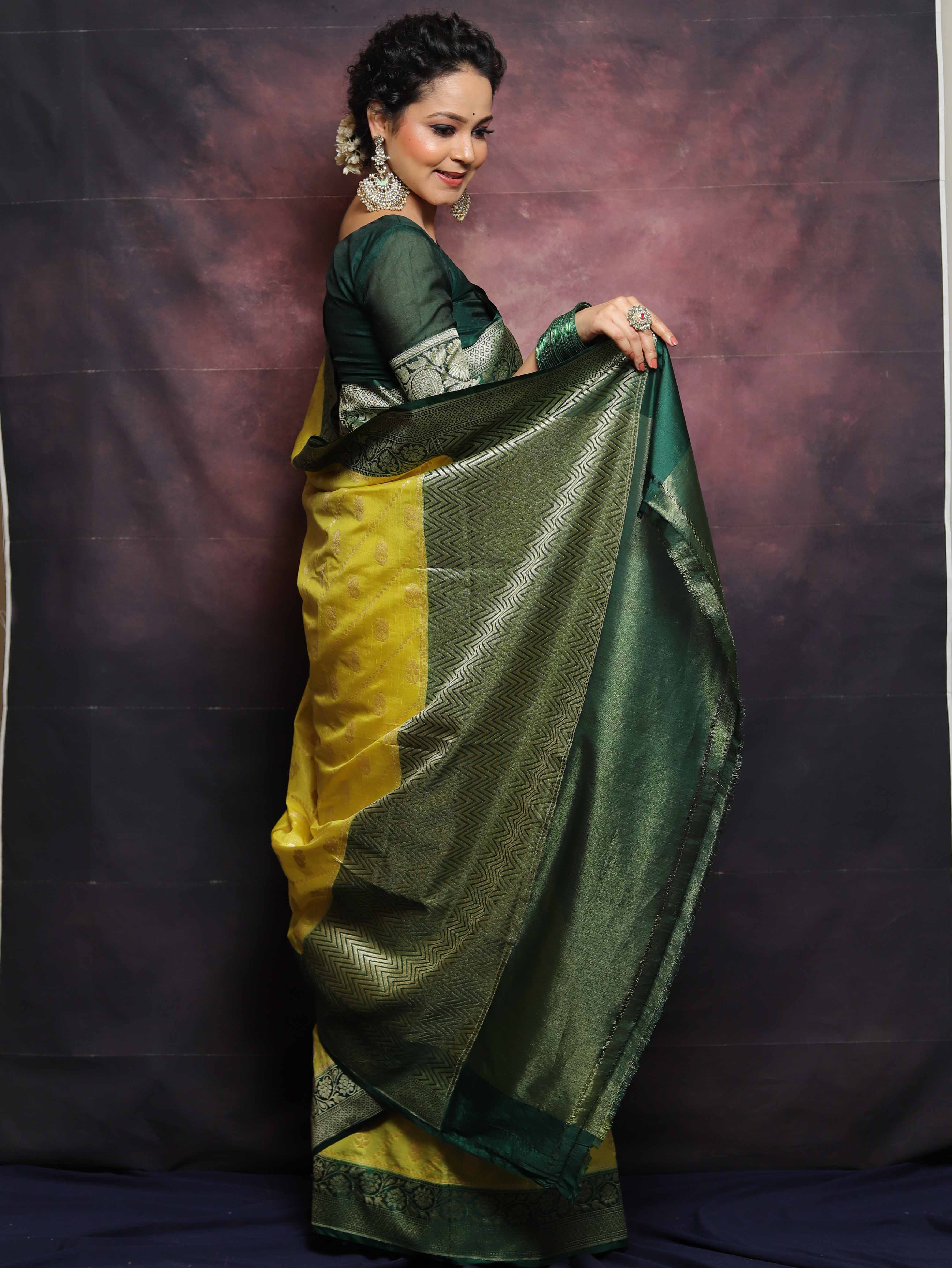 Banarasee Handwoven Semi-Silk Upadda Saree With Zari Floral Work-Yellow & Green