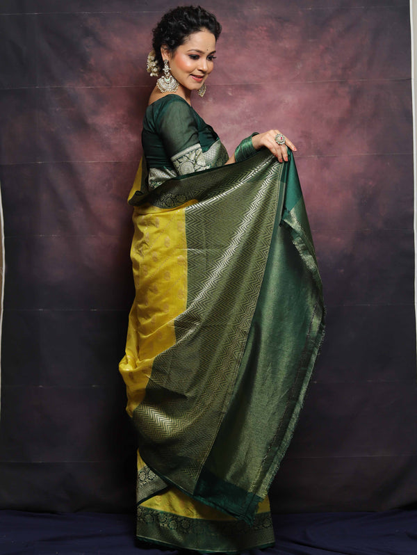 Banarasee Handwoven Semi-Silk Upadda Saree With Zari Floral Work-Yellow & Green