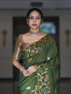 Banarasee Handloom Semi Silk Saree With Leaf Pattern & Floral Zari Border-Green