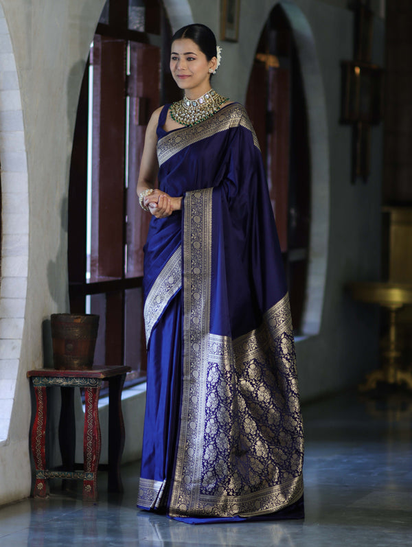 Banarasee Handwoven Plain Semi Katan Saree With Gold Zari Border-Blue