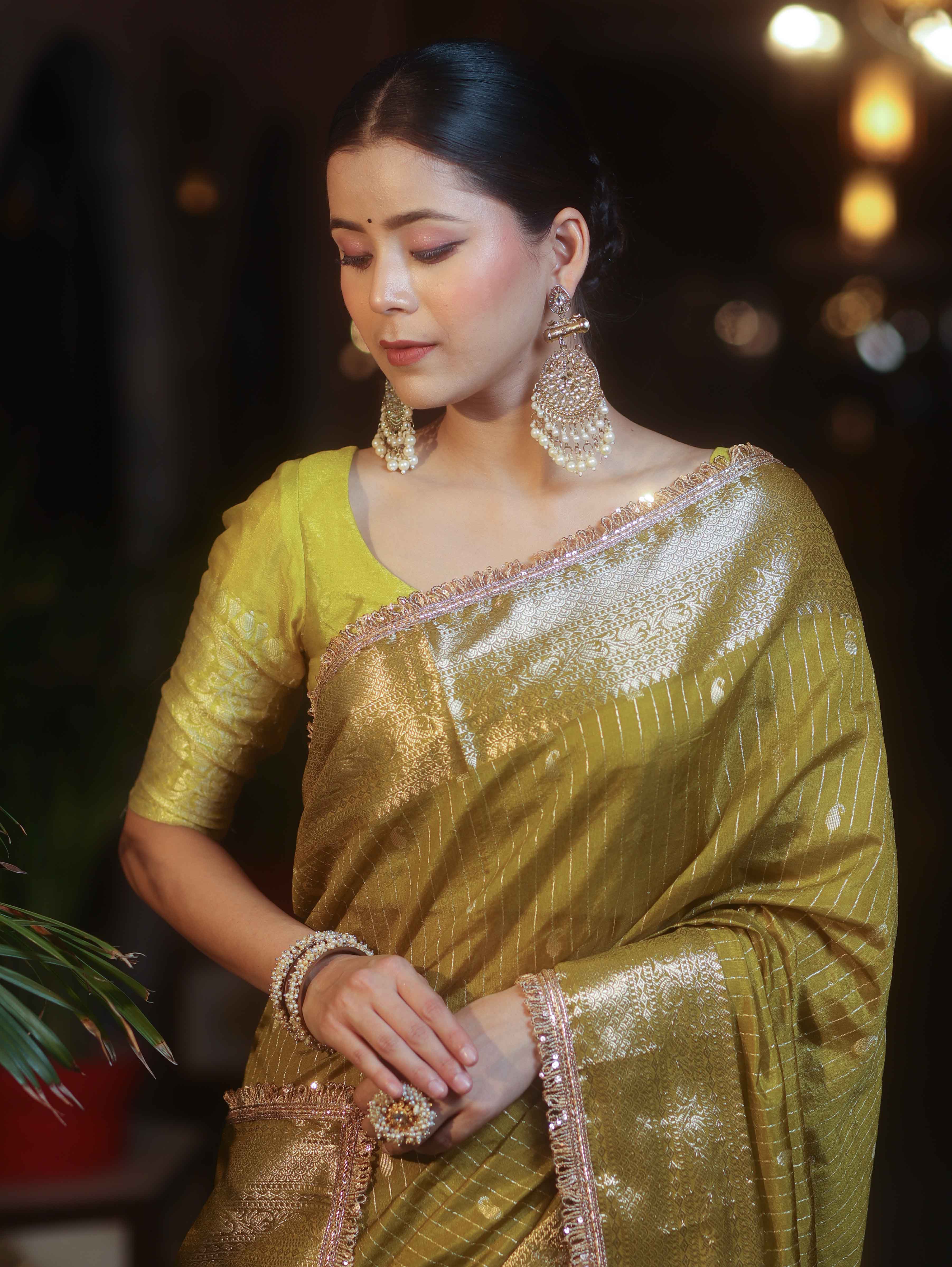 Banarasee Handwoven Semi Muga Zari Saree With Border & Lace-Olive Green