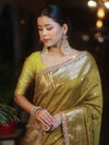 Banarasee Handwoven Semi Muga Zari Saree With Border & Lace-Olive Green