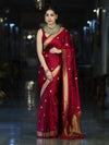 Banarasee Mashru Silk Saree With Zari Motifs & Floral Border-Red