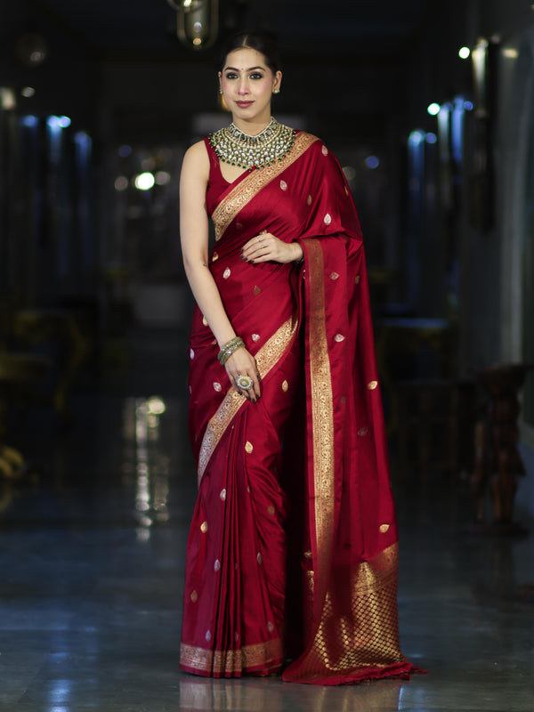 Banarasee Mashru Silk Saree With Zari Motifs & Floral Border-Red