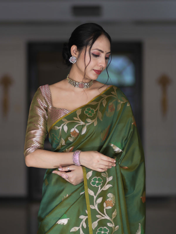 Banarasee Handloom Semi Silk Saree With Leaf Pattern & Floral Zari Border-Green