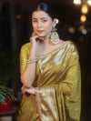 Banarasee Handwoven Semi Muga Zari Saree With Border & Lace-Olive Green