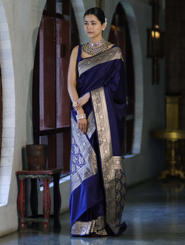 Banarasee Handwoven Plain Semi Katan Saree With Gold Zari Border-Blue