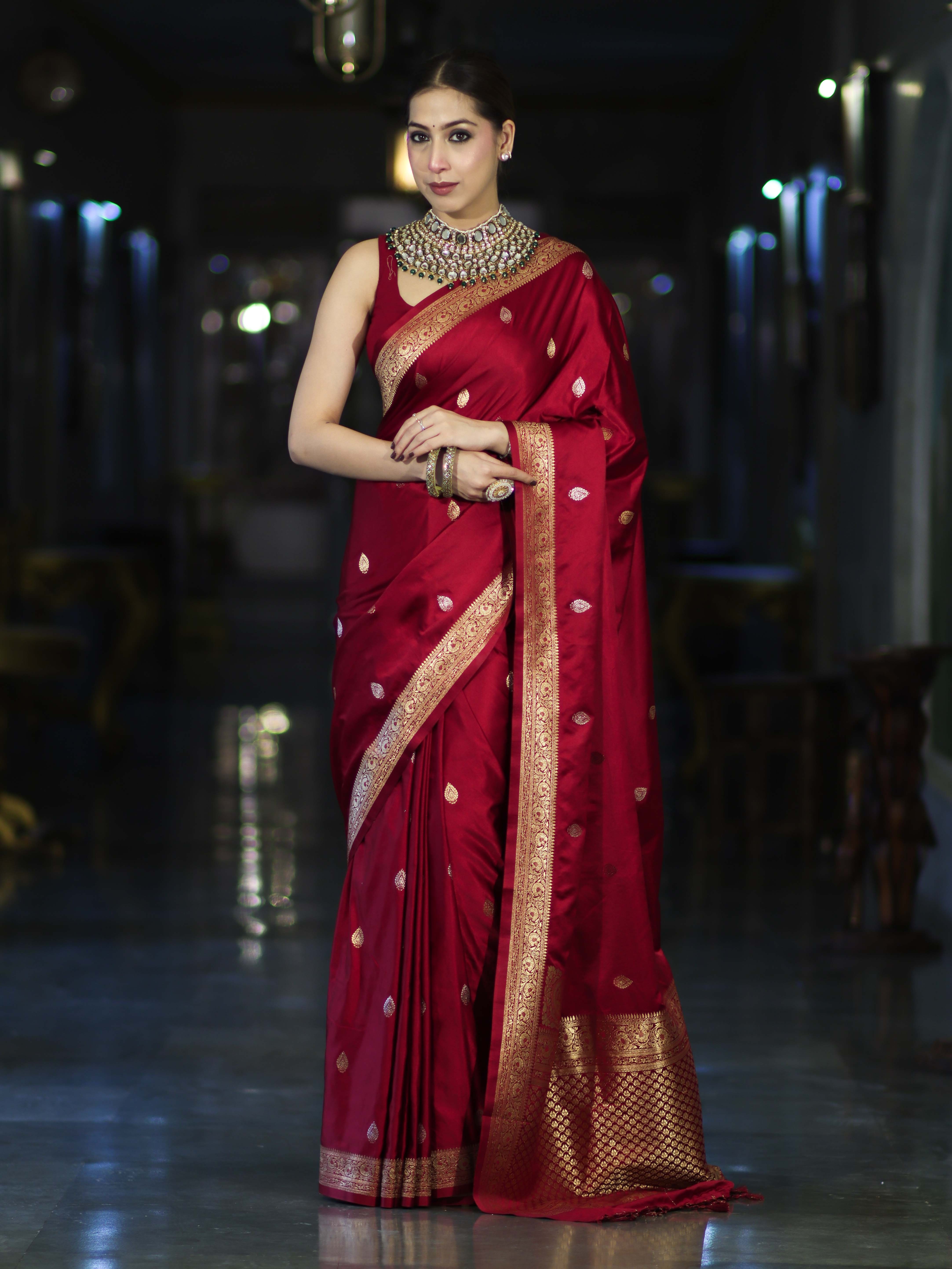 Banarasee Mashru Silk Saree With Zari Motifs & Floral Border-Red