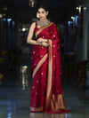 Banarasee Mashru Silk Saree With Zari Motifs & Floral Border-Red