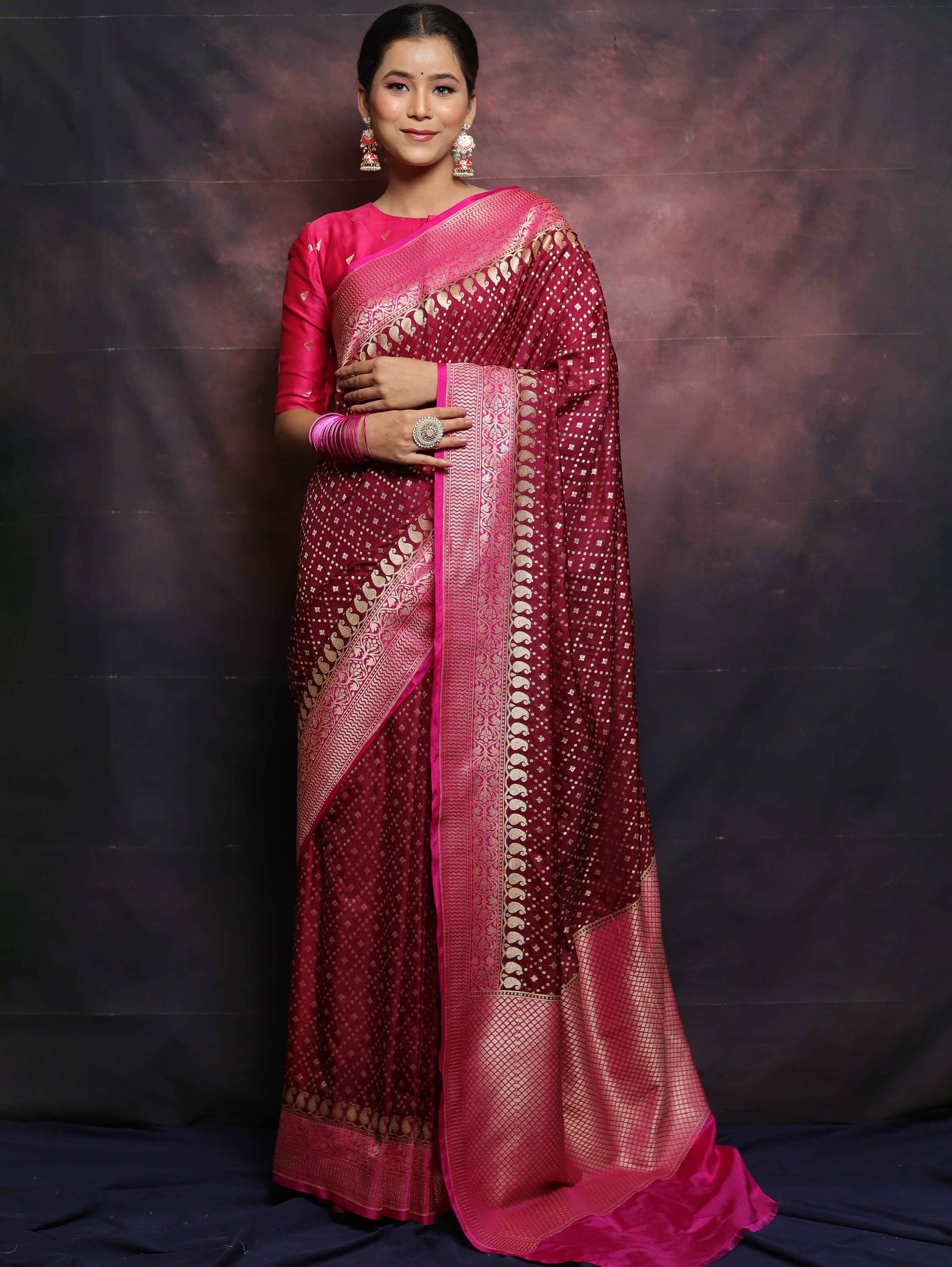 Banarasee Semi-Katan Zari Buta & Contrast Border Saree-Maroon & Pink