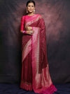 Banarasee Semi-Katan Zari Buta & Contrast Border Saree-Maroon & Pink