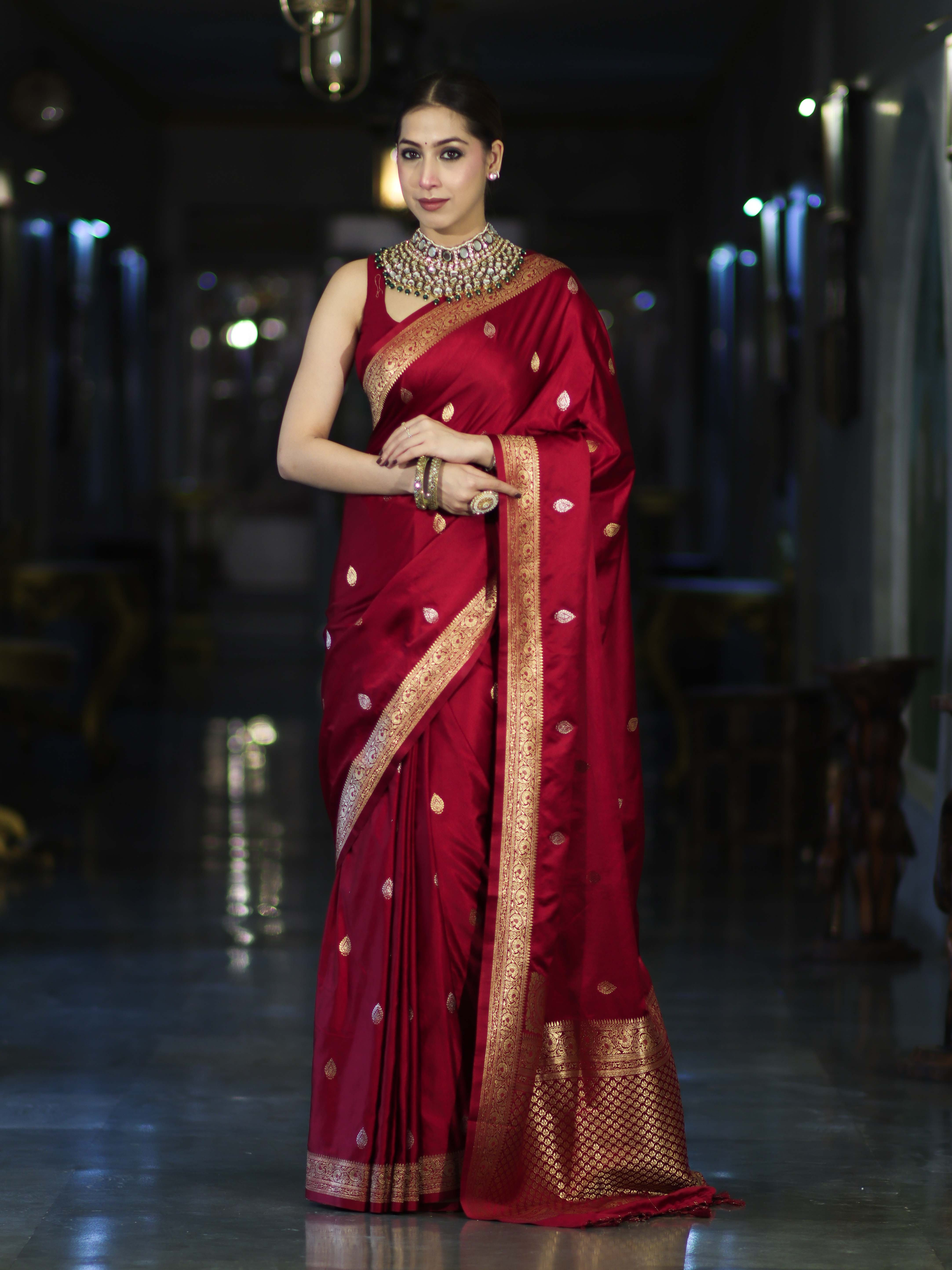 Banarasee Mashru Silk Saree With Zari Motifs & Floral Border-Red