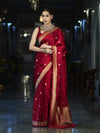 Banarasee Mashru Silk Saree With Zari Motifs & Floral Border-Red