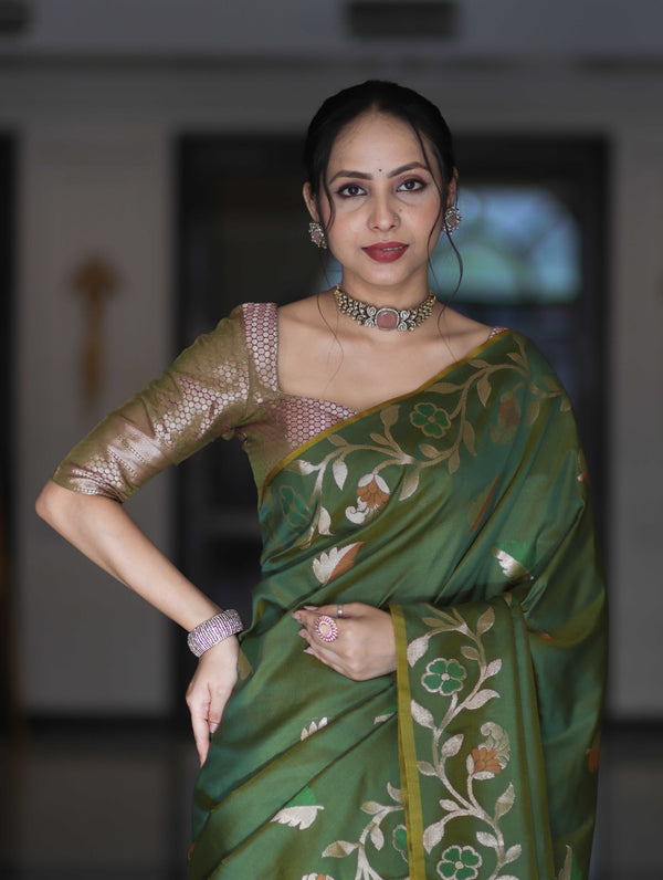 Banarasee Handloom Semi Silk Saree With Leaf Pattern & Floral Zari Border-Green
