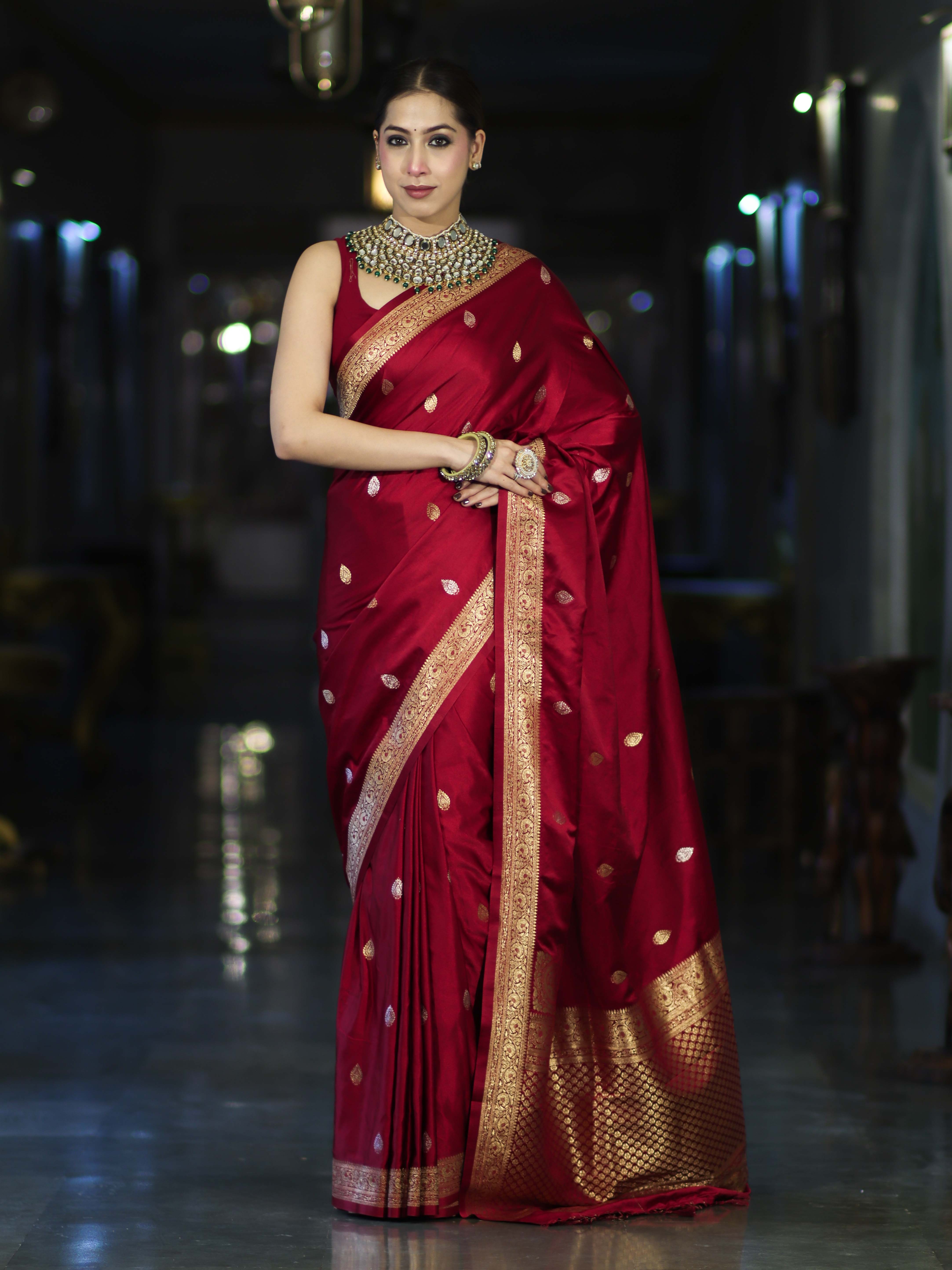 Banarasee Mashru Silk Saree With Zari Motifs & Floral Border-Red
