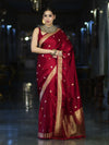 Banarasee Mashru Silk Saree With Zari Motifs & Floral Border-Red