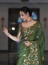 Banarasee Handloom Semi Silk Saree With Leaf Pattern & Floral Zari Border-Green