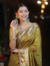 Banarasee Handwoven Semi Muga Zari Saree With Border & Lace-Olive Green