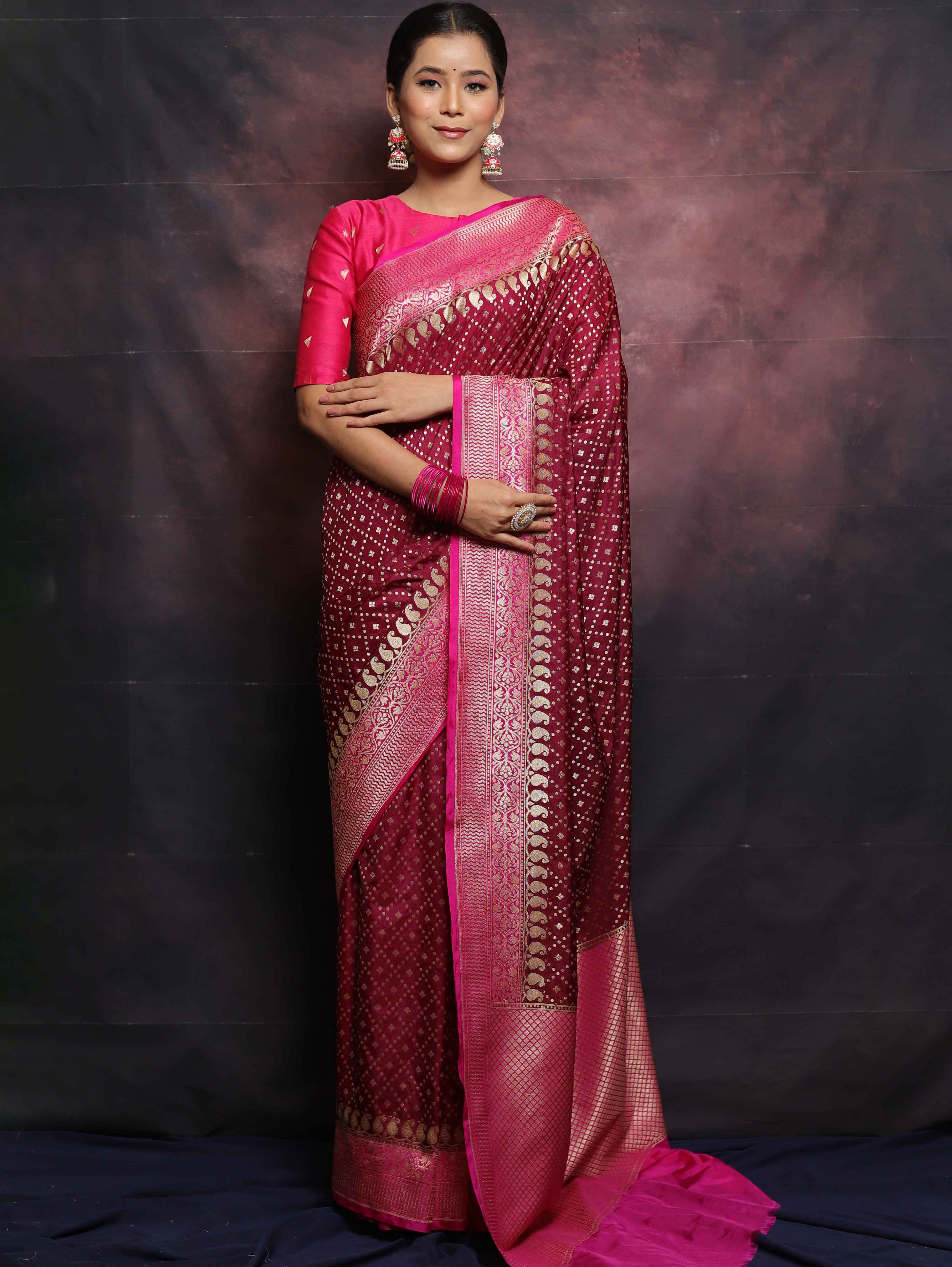 Banarasee Semi-Katan Zari Buta & Contrast Border Saree-Maroon & Pink