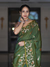 Banarasee Handloom Semi Silk Saree With Leaf Pattern & Floral Zari Border-Green