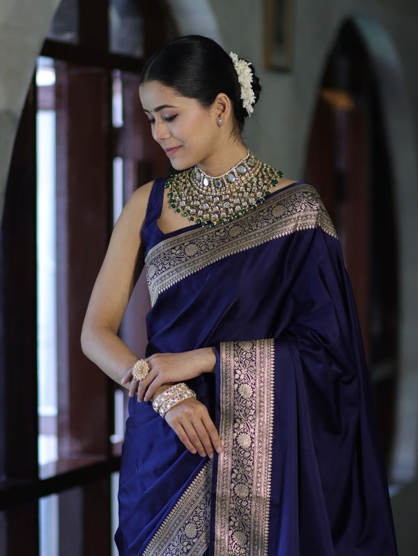 Banarasee Handwoven Plain Semi Katan Saree With Gold Zari Border-Blue