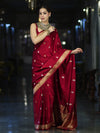 Banarasee Mashru Silk Saree With Zari Motifs & Floral Border-Red