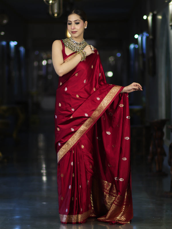 Banarasee Mashru Silk Saree With Zari Motifs & Floral Border-Red