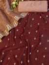 Banarasee Handloom Pure Silk Zari Buti Salwar Kameez Fabric With Dupatta-Maroon & Peach