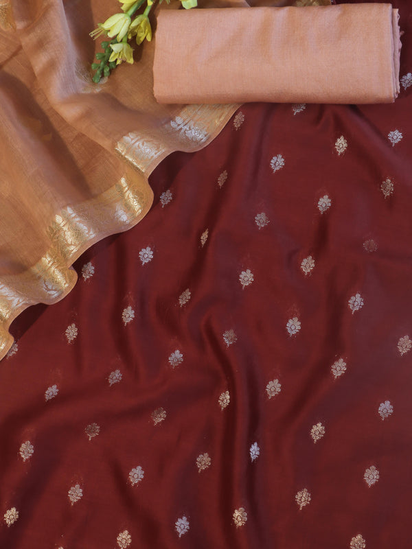 Banarasee Handloom Pure Silk Zari Buti Salwar Kameez Fabric With Dupatta-Maroon & Peach