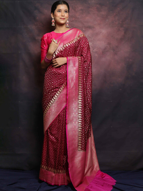 Banarasee Semi-Katan Zari Buta & Contrast Border Saree-Maroon & Pink