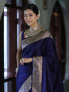 Banarasee Handwoven Plain Semi Katan Saree With Gold Zari Border-Blue