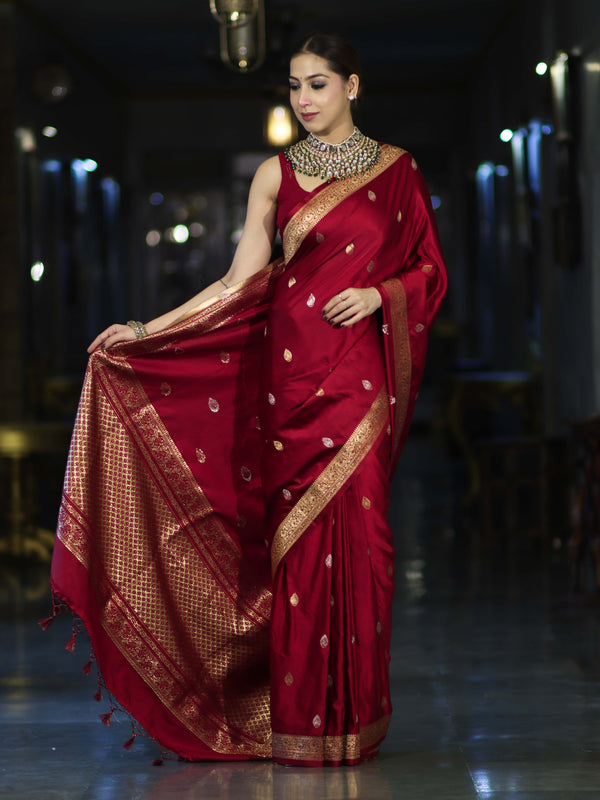 Banarasee Mashru Silk Saree With Zari Motifs & Floral Border-Red